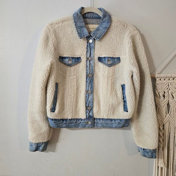 Anthro Pilcro and the Letterpress Sherpa Denim Jacket Cream Blue Size S Small - Picture 1 of 12